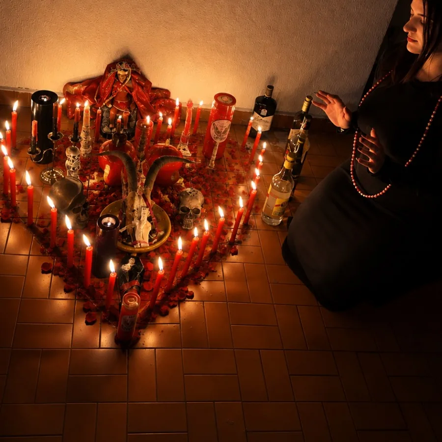Coração desenhado com velas vermelhas e pétalas de rosa no chão, com Mentora Kamily ao lado, de mãos abertas